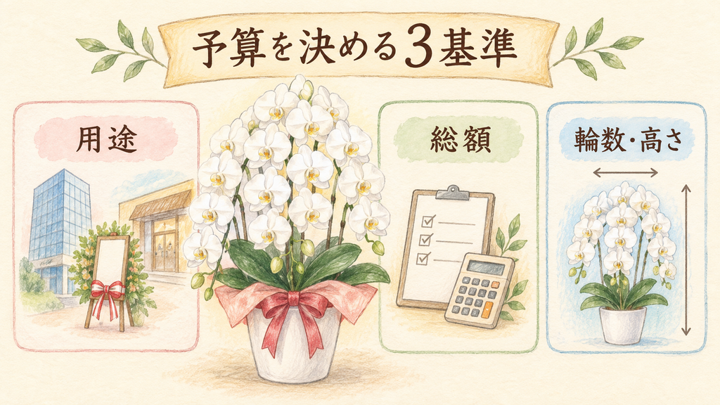 花秘書の取扱商品と予算を決める3つの基準の結論を示す手書き図解