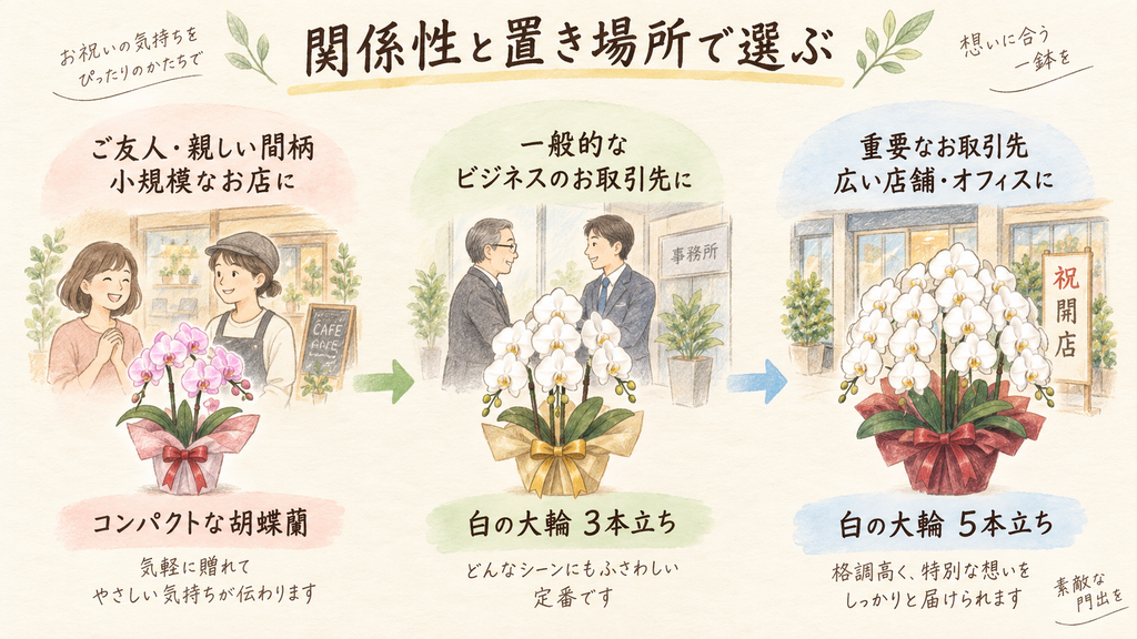 開店祝いの胡蝶蘭は関係性と置き場所で選ぶの結論を示す手書き図解