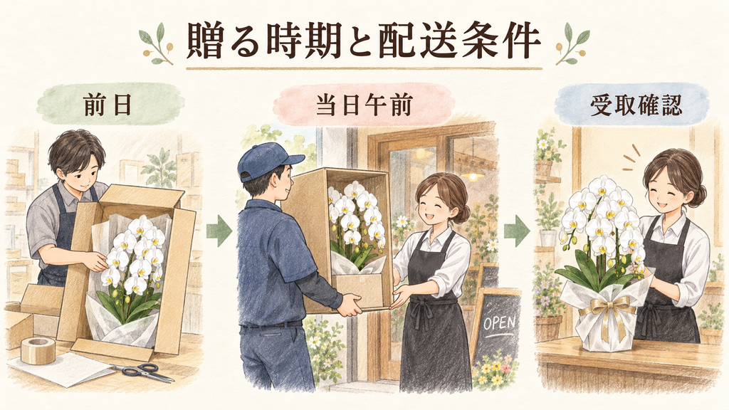 開店祝いを贈る時期と配送条件を確認するの結論を示す手書き図解