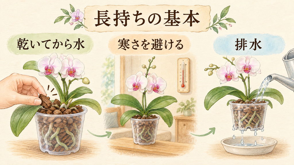胡蝶蘭を長持ちさせる基本の育て方の結論を示す手書き図解