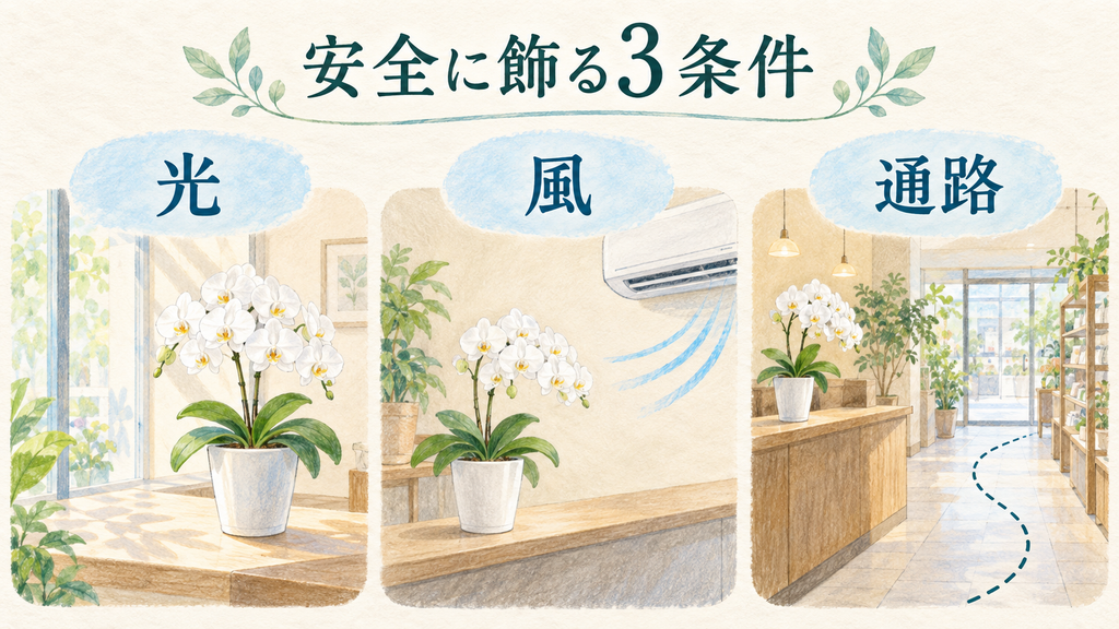店内で胡蝶蘭を安全に飾るの結論を示す手書き図解