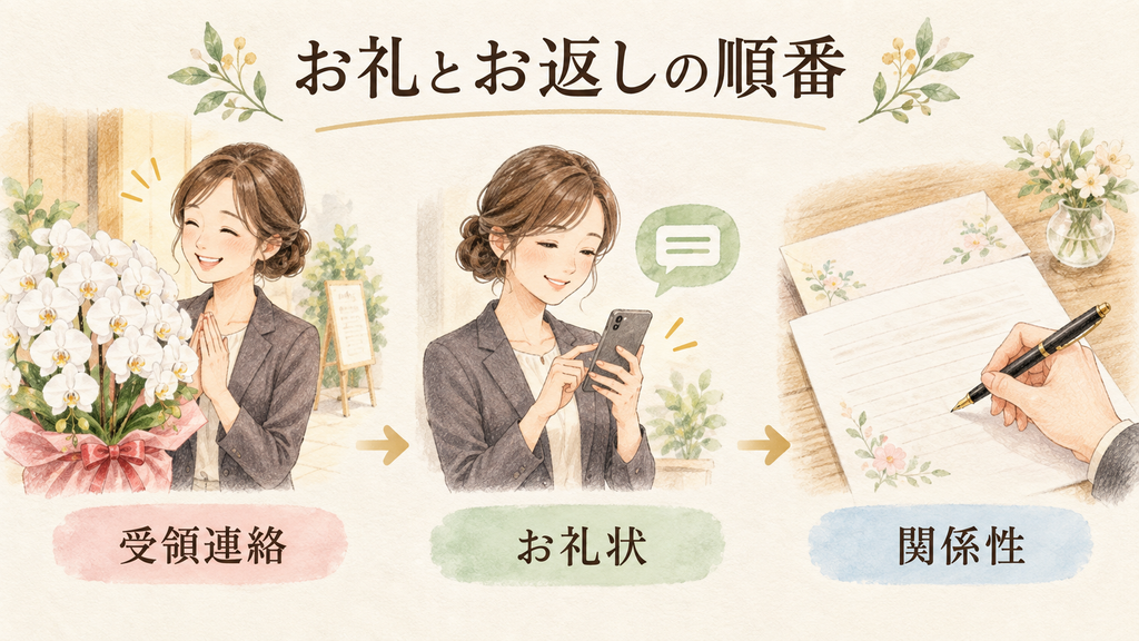 お礼とお返しは順番を決めるの結論を示す手書き図解