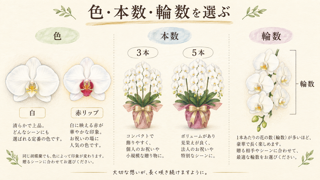 開店祝いに合う色・本数・輪数を選ぶの結論を示す手書き図解