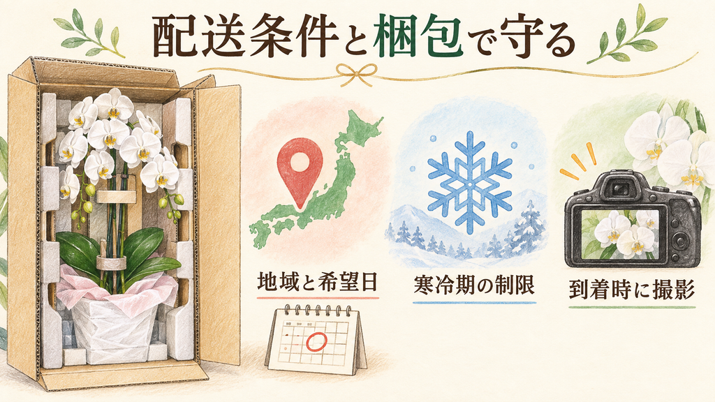 配送条件と梱包で直送の失敗を防ぐの結論を示す手書き図解