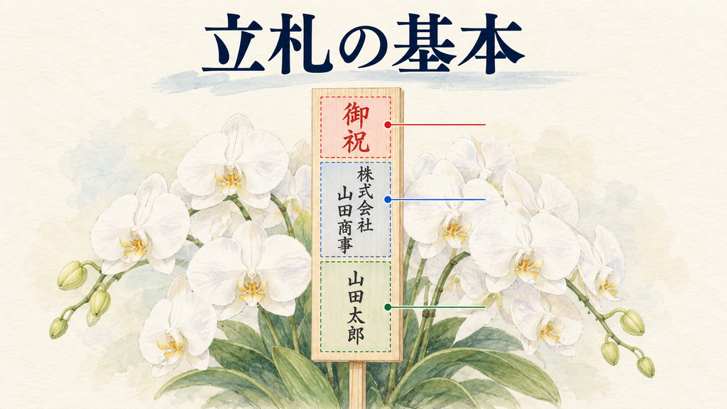 胡蝶蘭の立札は頭書きと贈り主名が基本の結論を示す手書き図解
