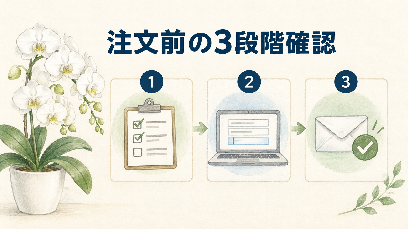 注文前の3段階確認で配送と立札のミスを防ぐの結論を示す手書き図解