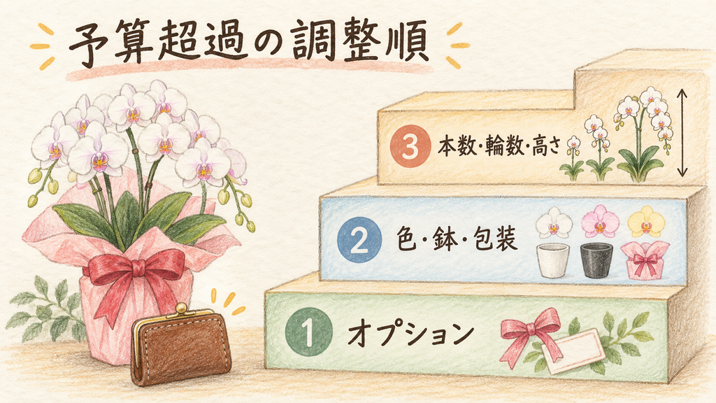 予算を超えたときに見直す費用の調整手順の結論を示す手書き図解