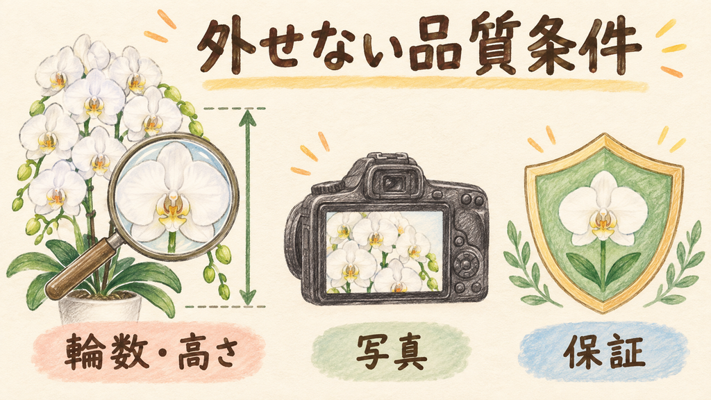 価格を抑えても外せない胡蝶蘭の品質条件の結論を示す手書き図解