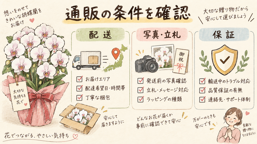 通販の配送条件と付属サービスを確認するの結論を示す手書き図解