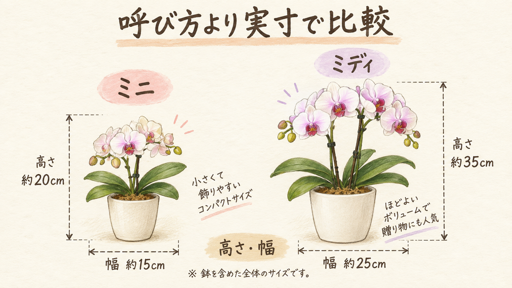 ミニ胡蝶蘭とミディ胡蝶蘭の違いを理解するの結論を示す手書き図解
