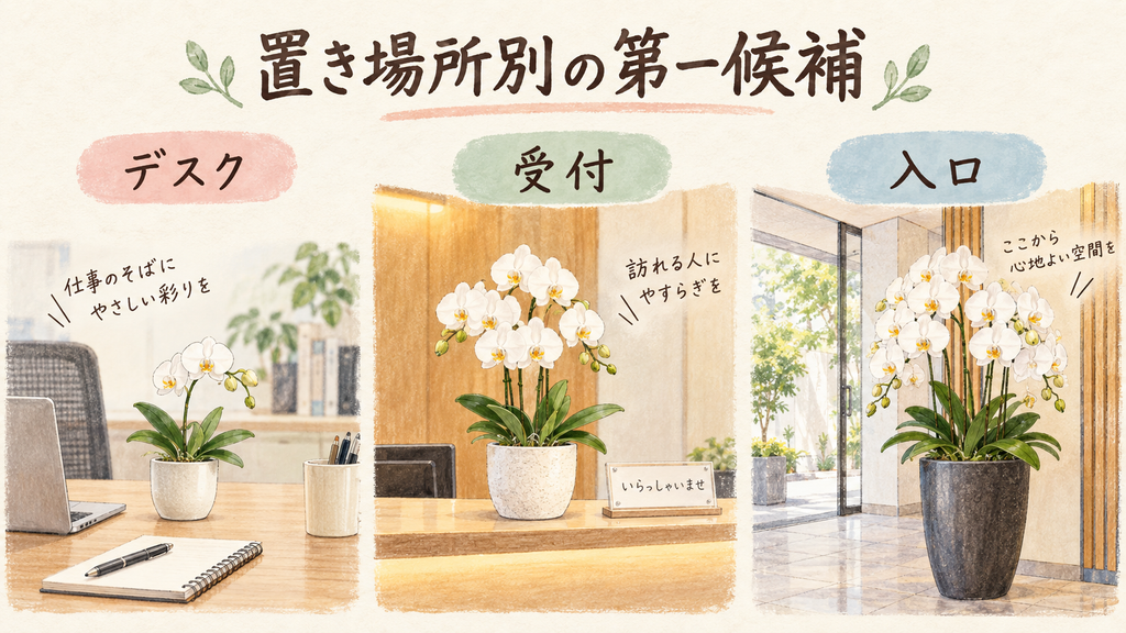置き場所別に小さな胡蝶蘭のサイズを決めるの結論を示す手書き図解
