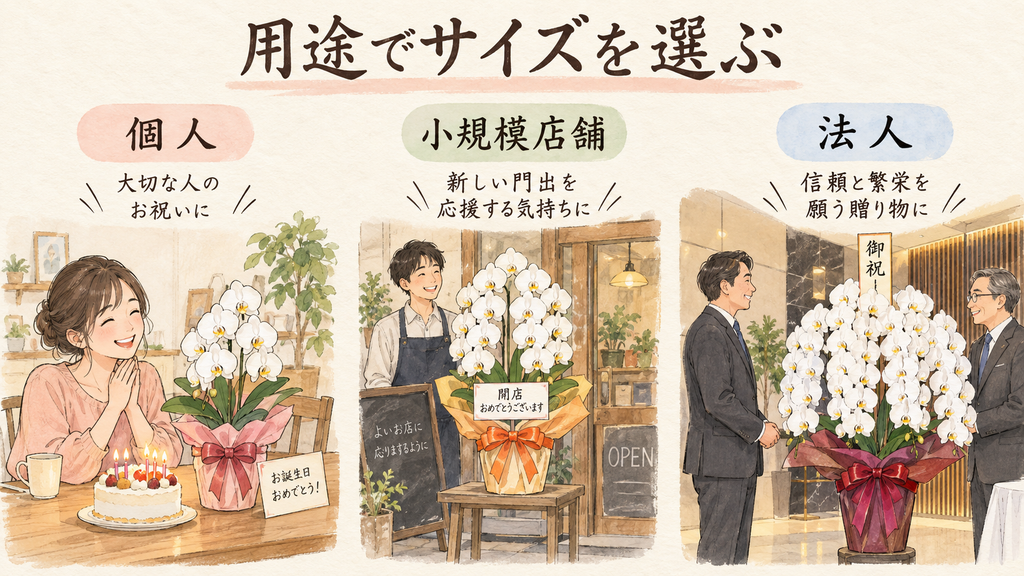 用途別にミニ・ミディ胡蝶蘭を選び分けるの結論を示す手書き図解