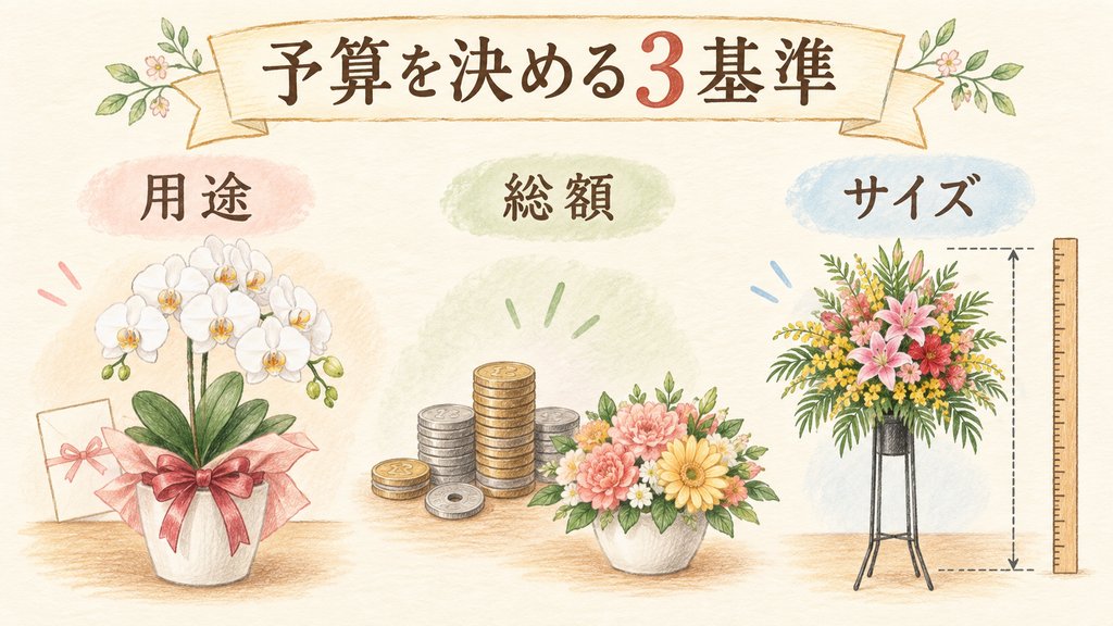 PREMIER GARDENの取扱商品と予算を決める3つの基準の結論を示す手書き図解