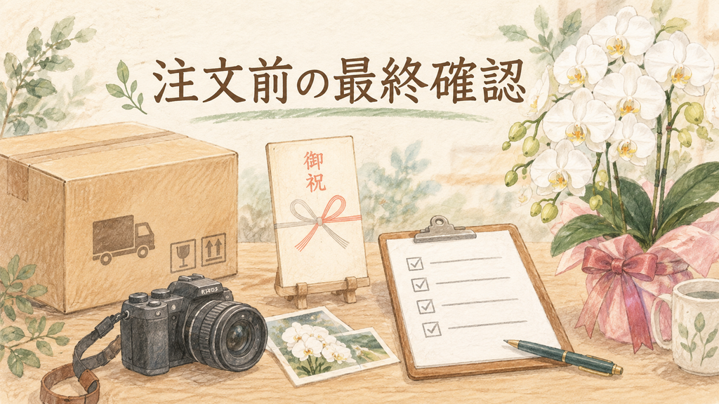 配送・立札・写真を注文確定前に確認するの結論を示す手書き図解